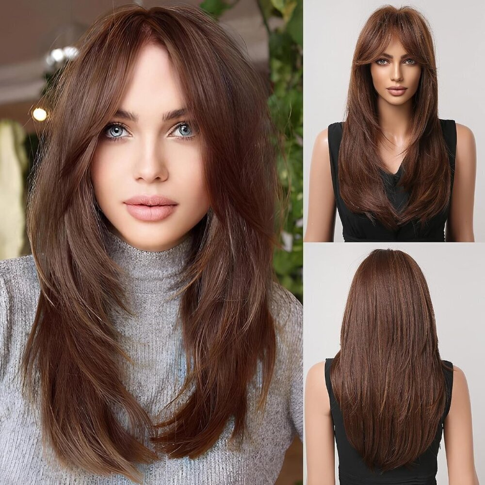 Long Layered Synthetic Wig Reddish Brown Heat-Resistant Style for Women